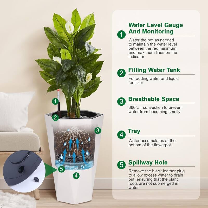 22.5" Set of 2 Self-Watering Tall Planter Pots for Patio, Porch, Garden, Indoor Outdoor