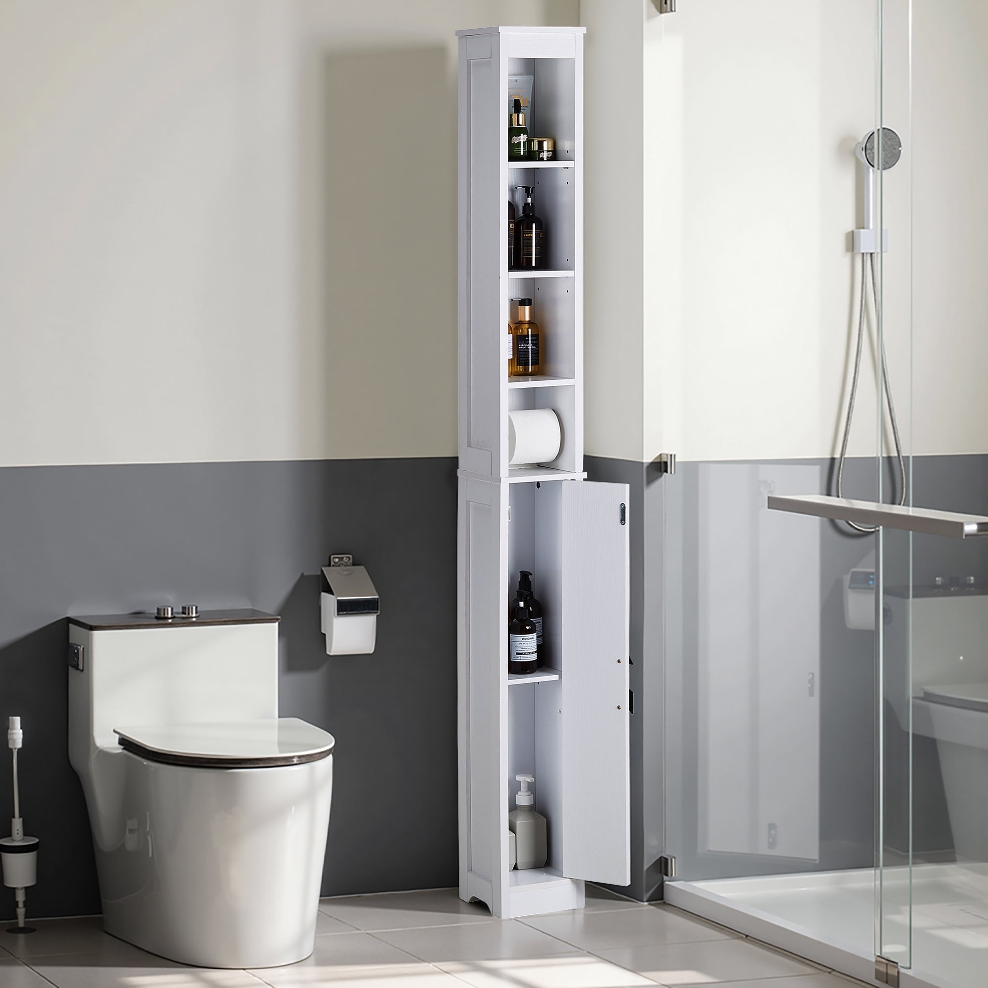 VECELO 70.86" Narrow Linen Tower Cabinet with Fluted Door, Adjustable Shelves, Slim Bathroom Pantry for Small Spaces
