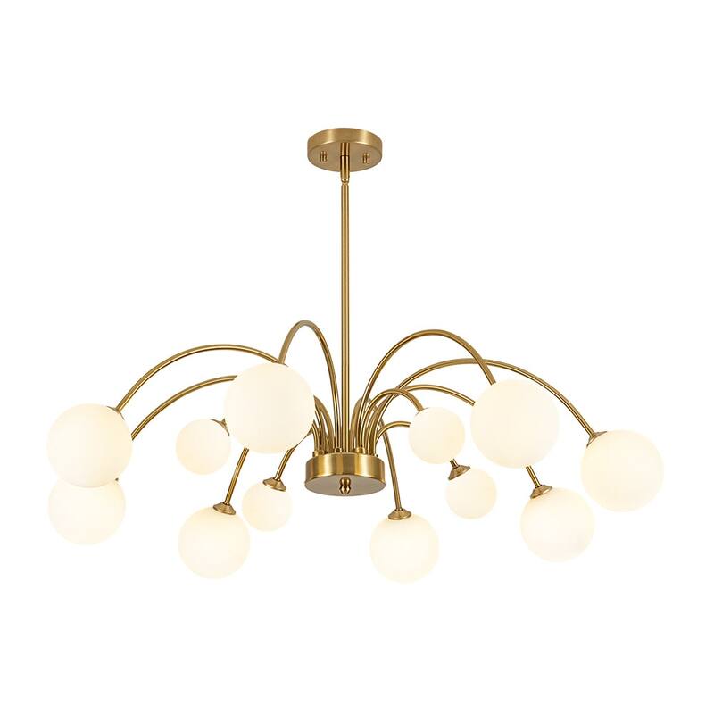 12-Light Opal Glass Globe Cascaded Round Sputnik Chandelier 37in