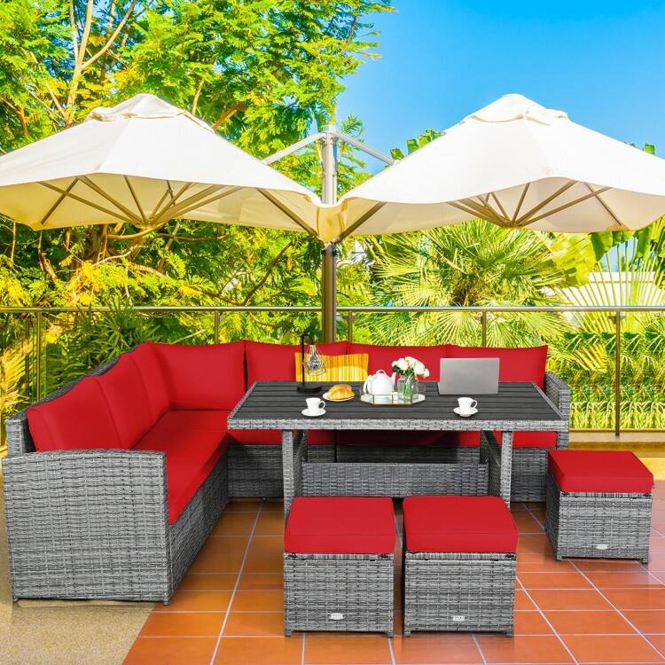 7 Pcs All-Weather Patio Rattan Dining Furniture Sectional Sofa Set with Wicker Ottoman and Cushed Couch