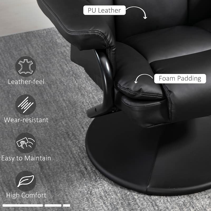 Black PU Leather Swivel Recliner Chair with Ottoman and Padded Armrests - 29.25" W x 33.5" D x 39.75" H