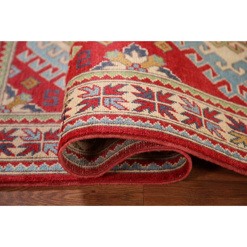 Geometric Red Kazak Oriental Rug Handmade Wool Carpet - 3'3"x 5'1"
