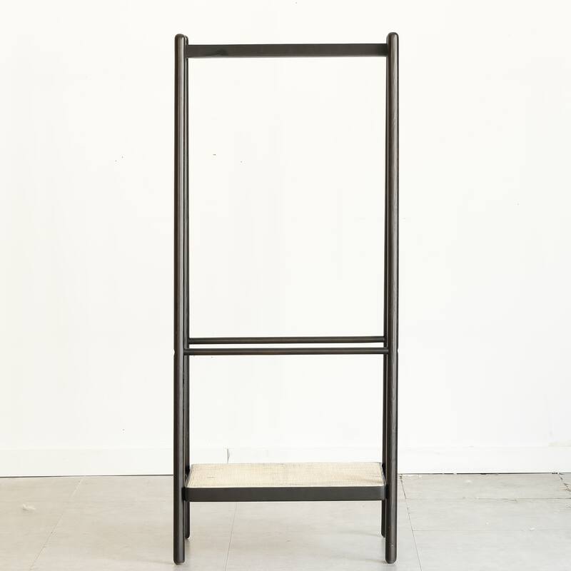 Solid Oak Wood Clothes Rack, Black Rattan Hanger Rack-clothes Rack with Shelves, Cloth Hanger Standing Garment Racks