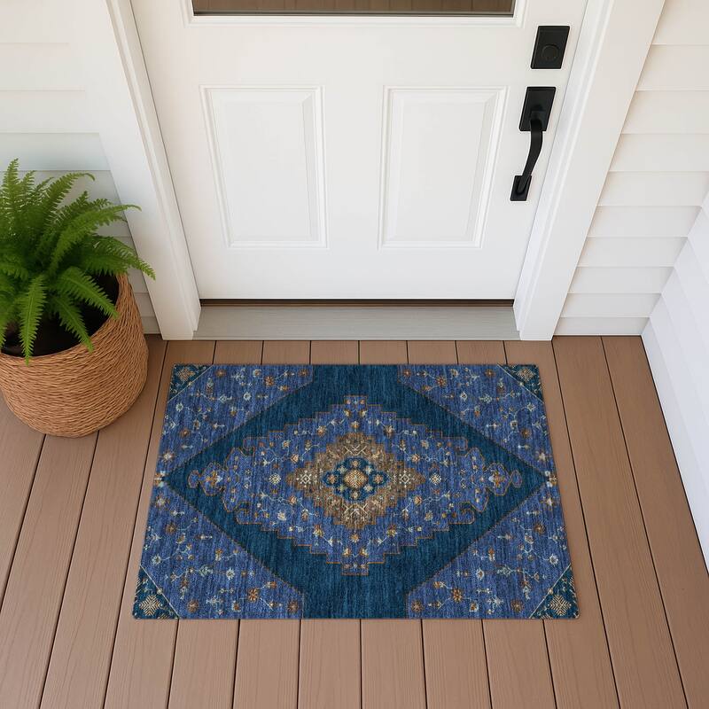Machine Washable Indoor/ Outdoor Global Marrakesh Chantille Rug - Navy - 1'8" x 2'6"
