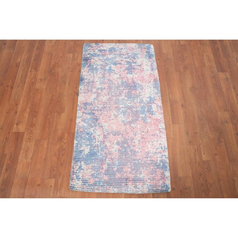 Hand Knotted Oriental Viscose Silk Carpet Modern All-Over Multi-Colored Abstract Area Rug - 4' 0'' X 2' 0''