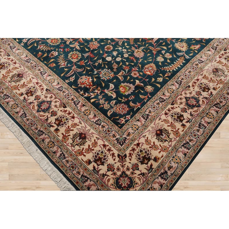 Hand Knotted Teal Persian Wool & Silk Traditional Oriental Area Rug - 10' x 13' 4''