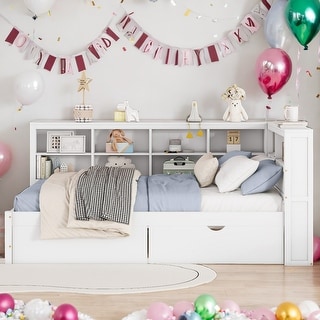 Wooden Full Size DayBed with 2 Drawers Kids Bed with Storage Shelf and USB Charging Ports, White