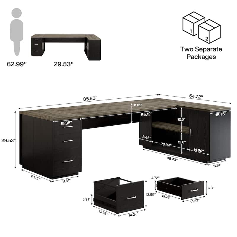 85.8" L-Shaped Executive Desk, Extra Large Office Desk with File Drawers
