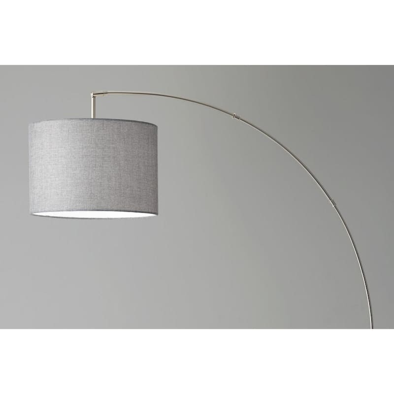 74" Tall Modern Silver Arched Floor Lamp with Grey Linen Drum Shade and White Base for Living Room - 73.5"H x 11”W x 48”D