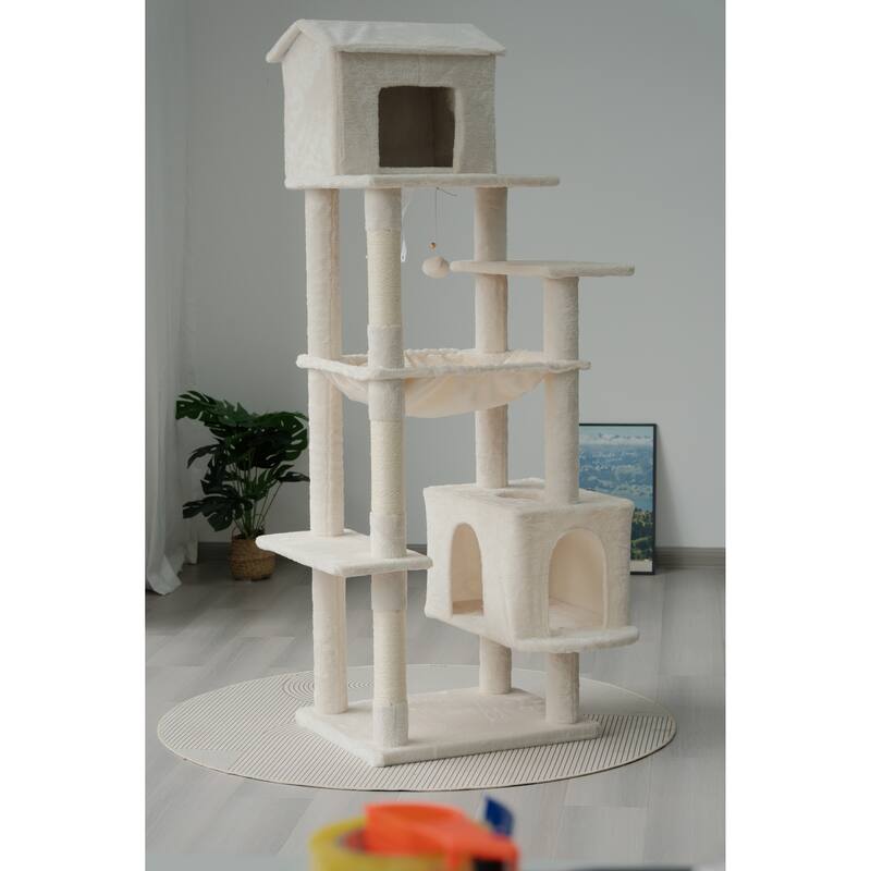 64 in Cat Tree with Unique Cat House, Hammock, Scratching Posts, Plush Cat Tower for Indoor Cats for Multiple Cats