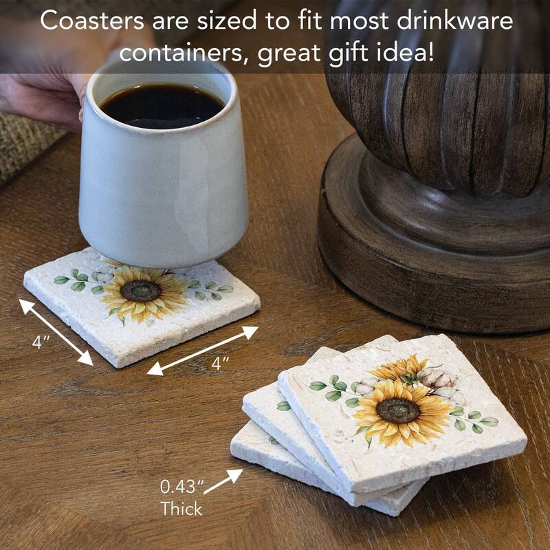 CounterArt Sunflowers 4 Pack Natural Shell Stone Absorbent Coasters with Protective Cork Backing Manufactured in The USA