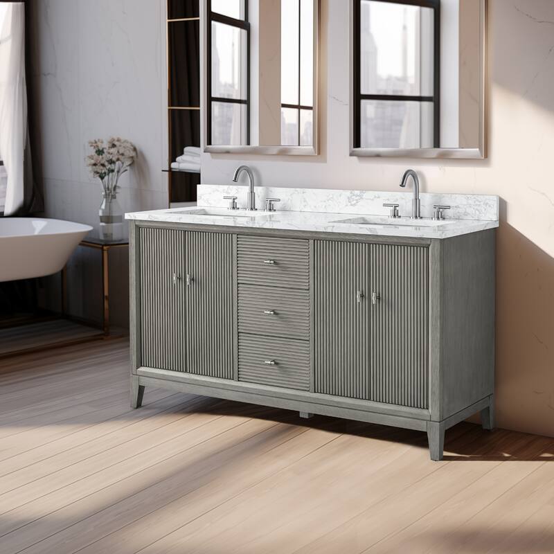 Vanity Art 60" Freestanding Bathroom Vanity with Engineered Marble Top and Sinks