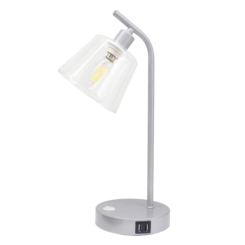 Modern Industrial Desk Lamp with Clear Glass Shade and Dual USB Charging Ports Multiple Colors - 8" (L) x 5.5" (W) x 15.75" (H) - Silver