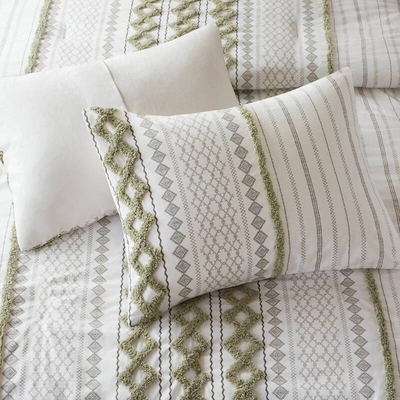 3 PCS King/Cal King Cotton Printed Comforter Set with Chenille Sage/Ivory