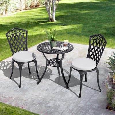 Patio 3-Piece Cast Aluminum Bistro Set with Cushions, Umbrella Hole