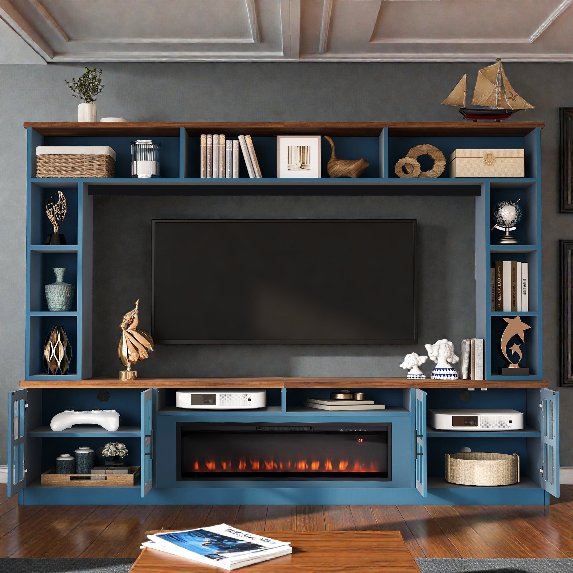 95.5" Wall Unit Entertainment Center with Electric Fireplace, Bookshelves, TV Stand for TVs up to 80"