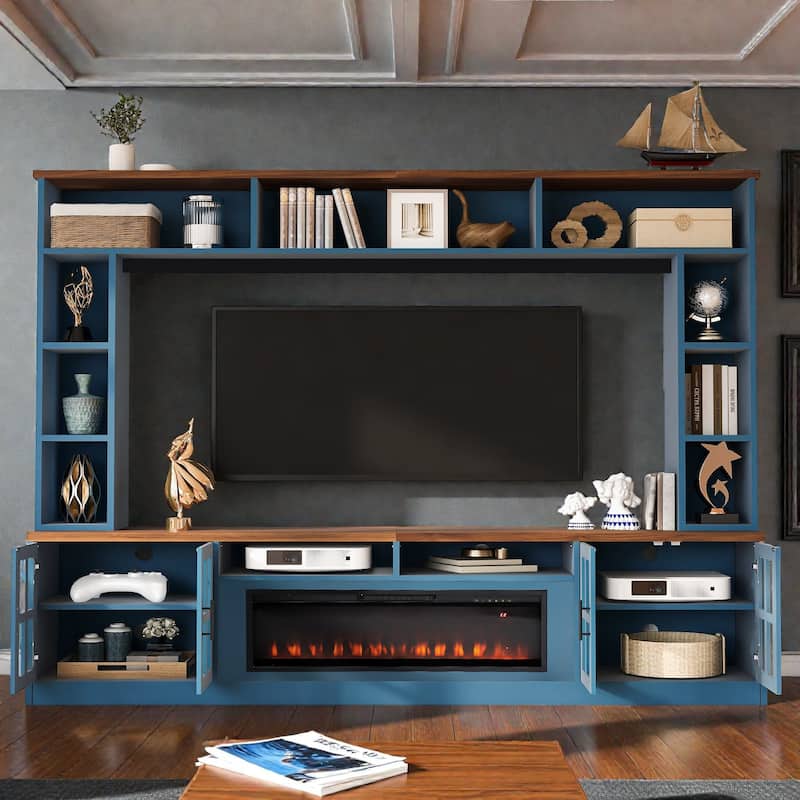 95.5" Wall Unit Entertainment Center with Electric Fireplace, Bookshelves, TV Stand for TVs up to 80" - Navy Blue