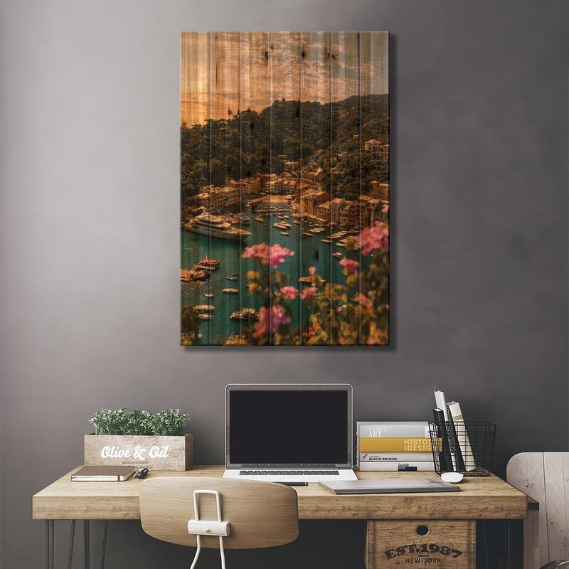 Portofino with flower Print On Wood by Enzo Romano - Multi-Color