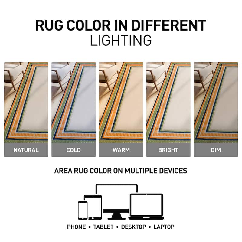 World Rug Gallery Indoor/Outdoor High-Low Textured Area Rug, Coastal Border Easy-Clean Patio Rug