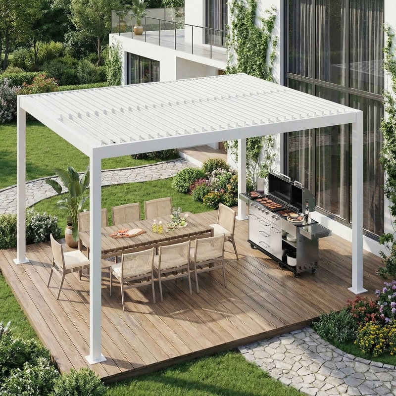 Outdoor Louvered Pergola with Optional Winter Cover – Adjustable Hardtop Gazebo, Steel Frame