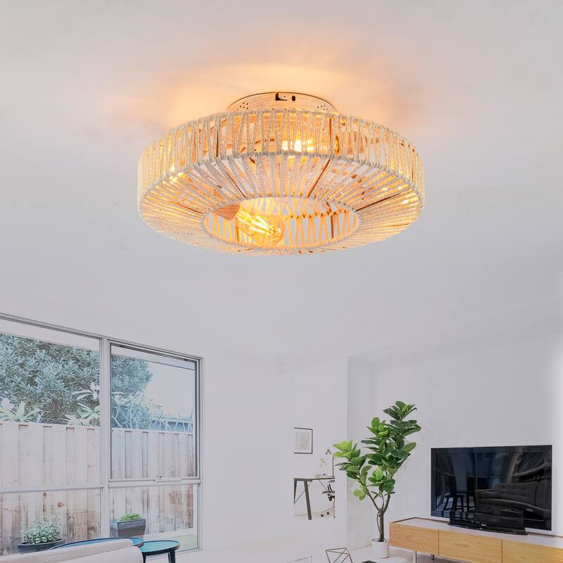 20" Rope Caged Ceiling Fans with Remote, Flush Mount Ceiling Fan with Light, Low Profile Chandelier 6 Speed DC Motor