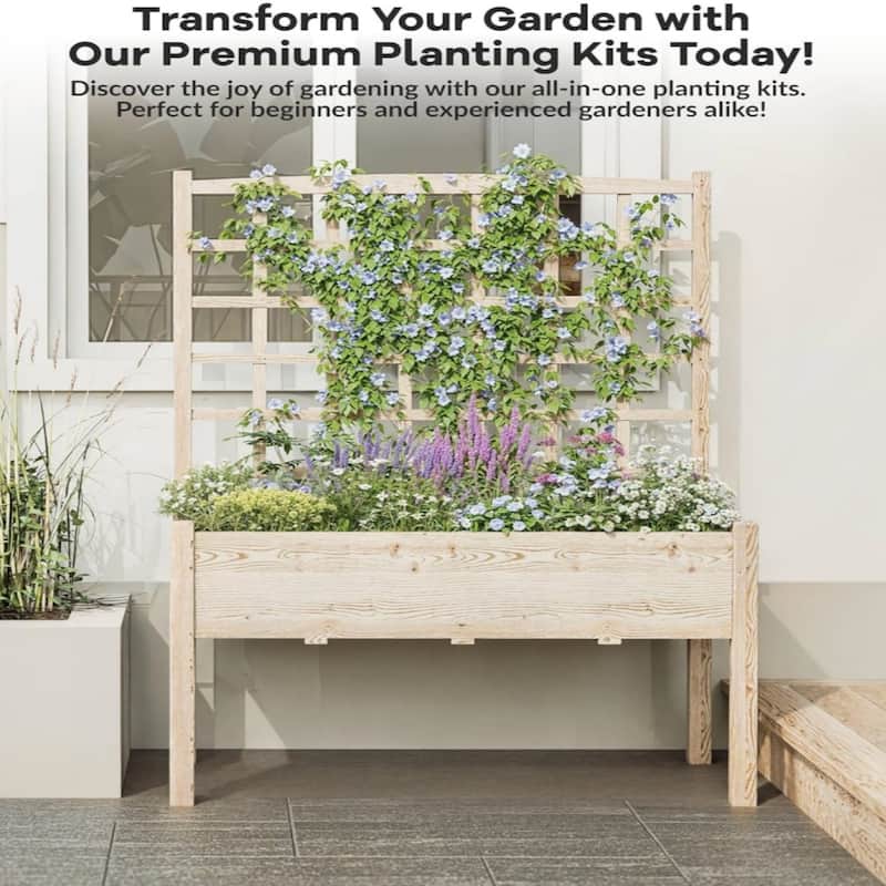 65" Wooden Elevated Garden Planter with Trellis and Stand -