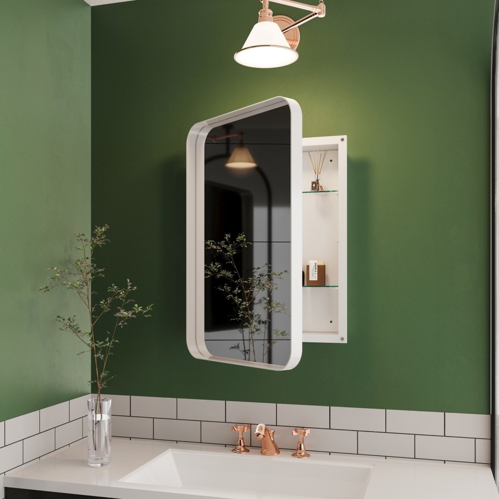 24" Recessed White Metal Framed Cabinet with Mirror and Adjustable Shelves