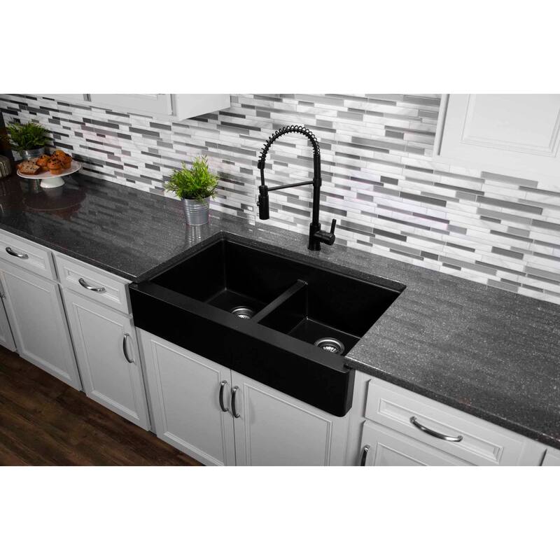 Karran Retrofit Farmhouse Quartz 34 in. Double Bowl 50/50 Sink Kit