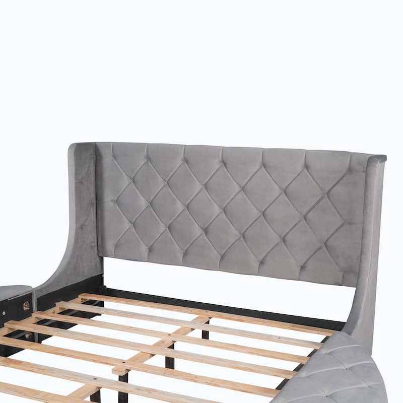 Queen Size Upholstered Platform Bed with Wingback Headboard and 1 Big Drawer,2 Side Storage Stool