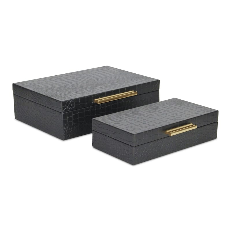 Set of 2 Black Rectangular Faux Croco Decorative Box with H&les 11.75"