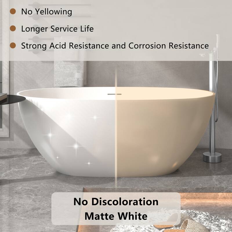 CASAINC Soaking Bathtub Solid Surface Stone Bathtub with Center Drain in Matte White