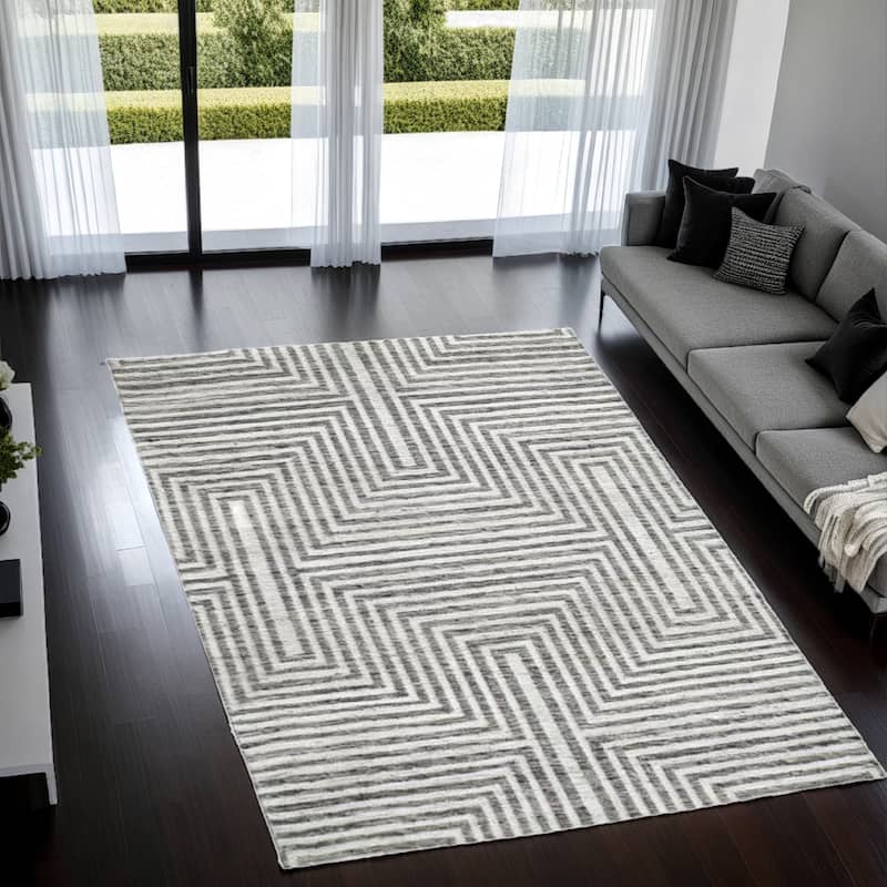 Seni 8 x 10 Large Area Rug, Geometric Pattern Machine Woven, Black Ivory - 8 x 10