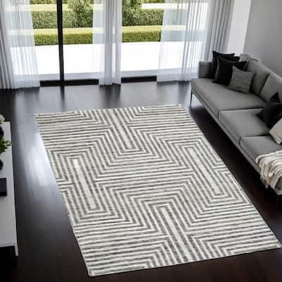 Seni 8 x 10 Large Area Rug, Geometric Pattern Machine Woven, Black Ivory - 8 x 10