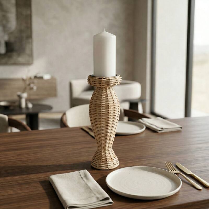 Candle Holder - Brown Metal Handwoven Raffia Pillar - 13.5"