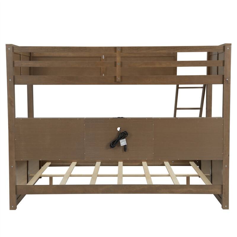 Twin XL over Queen/Full XL over Queen Bunk Bed with Storage Cabinets and USB Ports, Solid Wood Bunk Bedframe w/ Storage Shelves