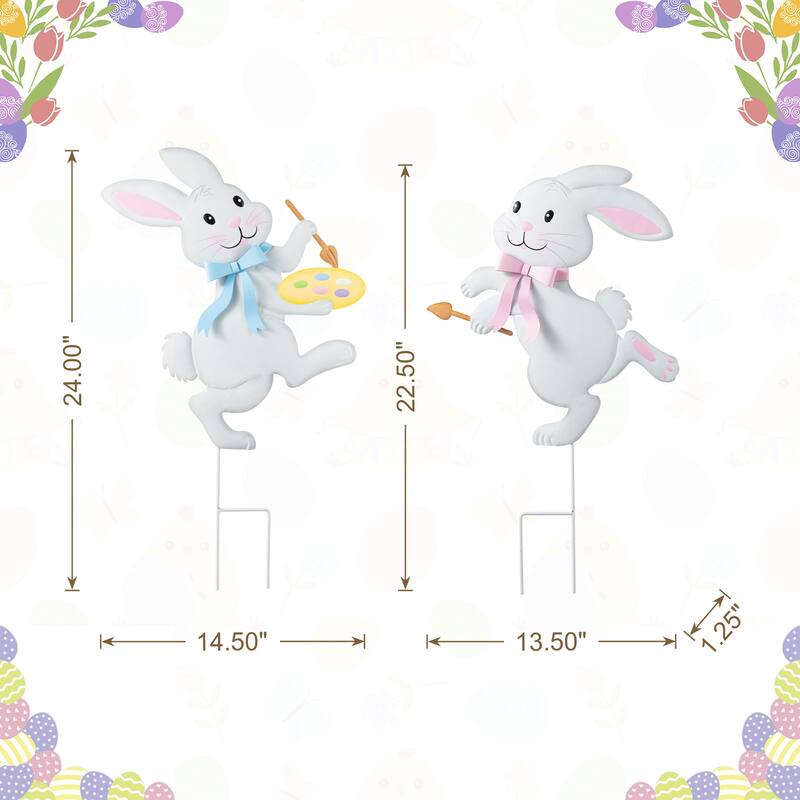 Glitzhome Set of 2 Easter Metal Bunny Painter Yard Stake