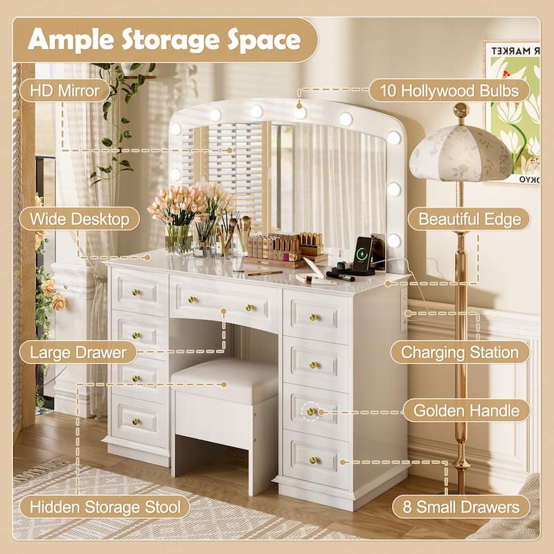 Vanity Desk with 10 Hollywood Bulbs & Stool, Multi-functional Vanity Set, Dressing Table with Charging Station & 9 Drawers