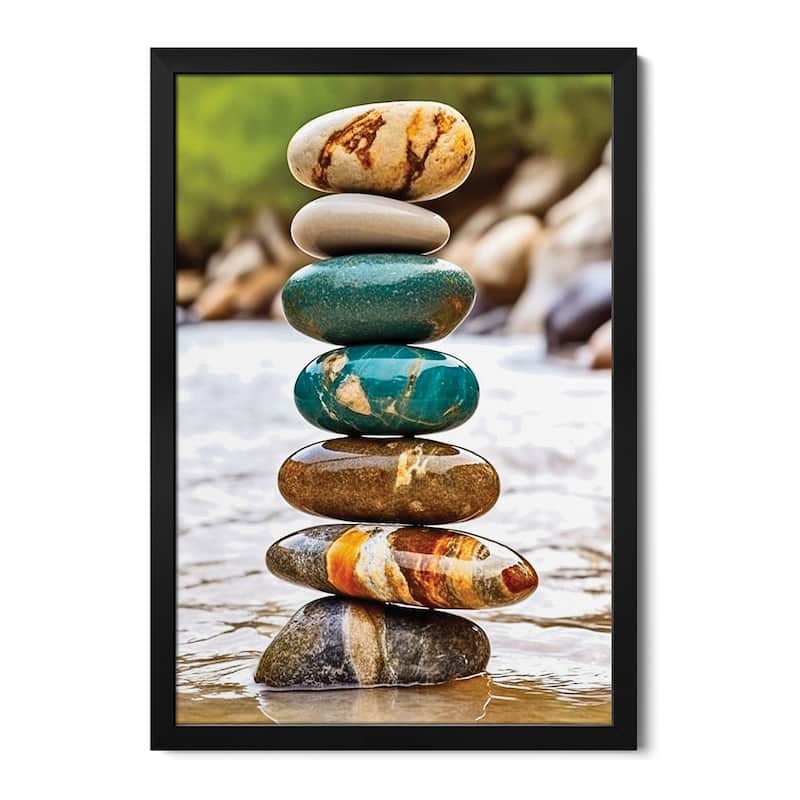 Zen Balancing Seid Stacking Stones On A Riverbank - I Premium Framed Poster by OLena Art - Black - 32x24x1