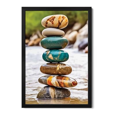 Zen Balancing Seid Stacking Stones On A Riverbank - I Premium Framed Poster by OLena Art