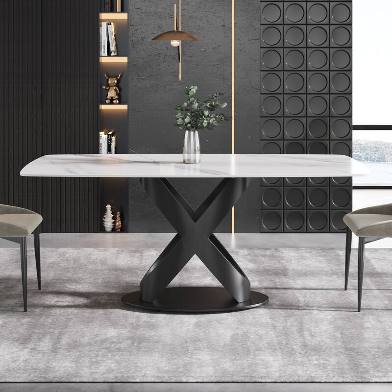 71" Rectangular Dining Table,Sintered Stone Tabletop Carbon Steel Legs