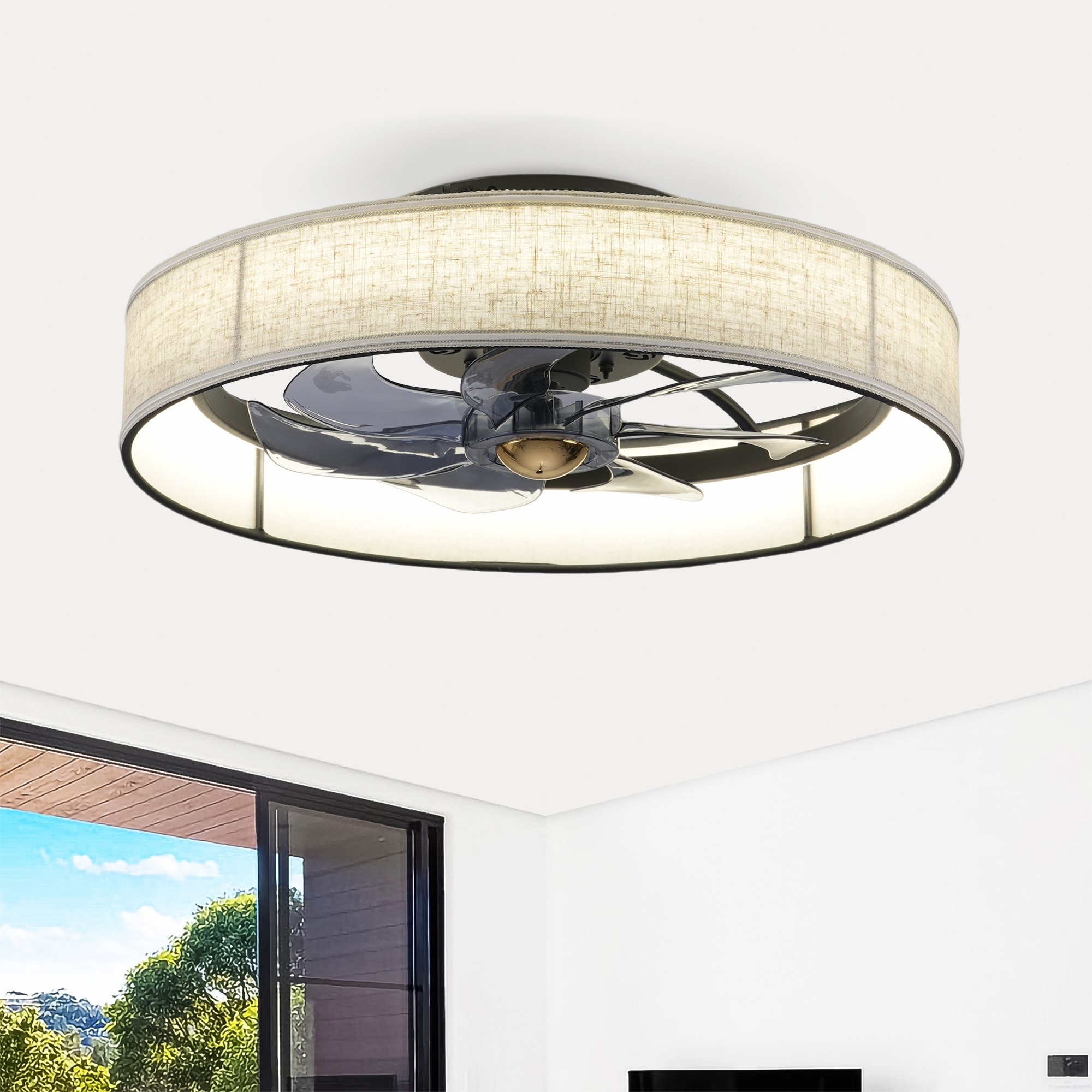Cusp Barn 20" Farmhouse Flush Mount Ceiling Fan with Light, Quiet DC Motor Fabric Shade Fandelier Ceiling Fan For Living Room