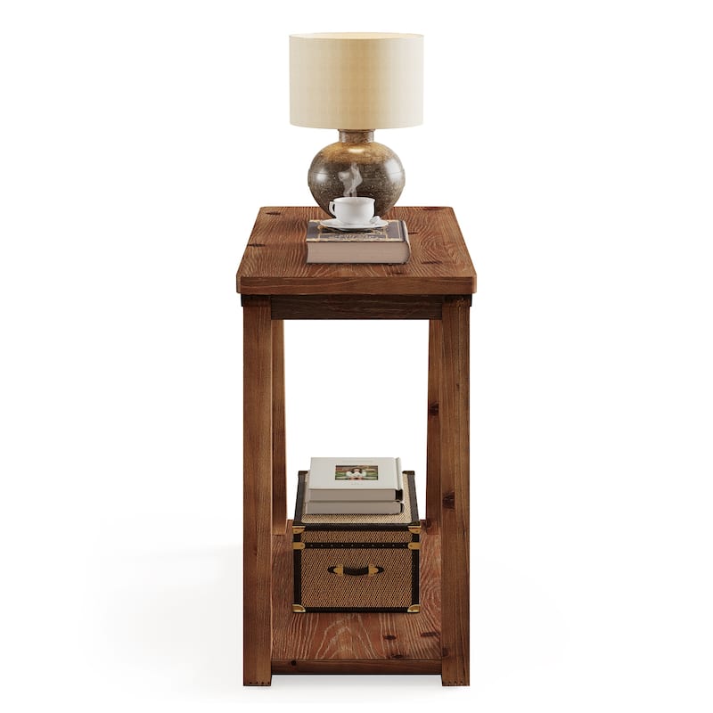 Solid Wood End Table, Narrow Side Table with 2-Tier Storages