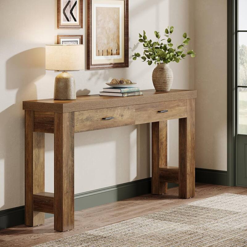63" Console Table with 2 Drawers, Farmhouse Entryway Table with H-Shaped Sturdy Legs for Hallway, Living Room
