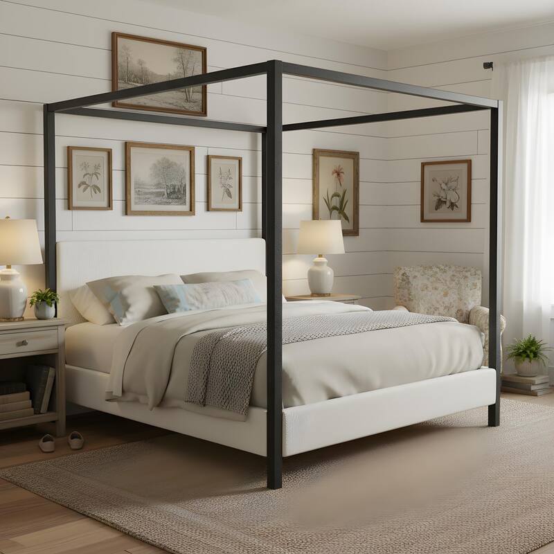 Christopher Knight Home - Mid-Century Modern Bouclé Upholstered Metal Canopy Bed Frame with Padded Headboard