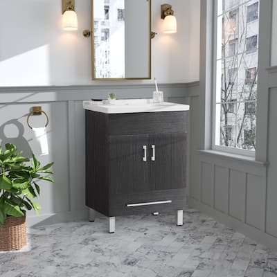 24-inch Black Sufficient Storage Space Bathroom Cabinet with Drawer, Fashion Handles and Ceramic Sink