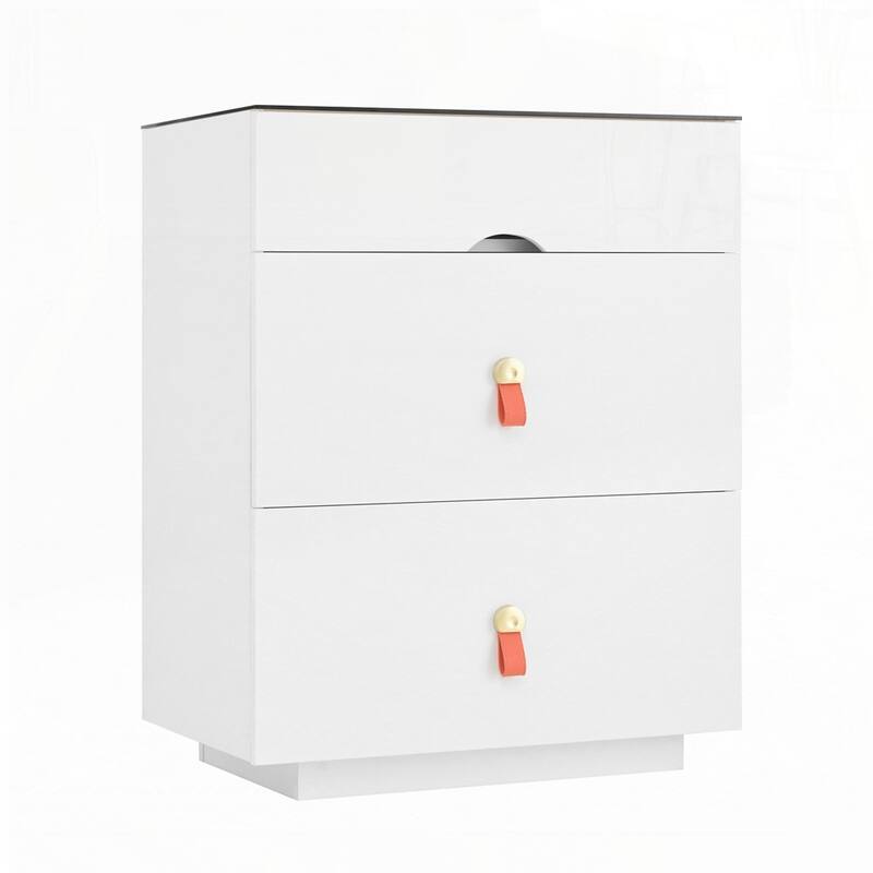 3 Storage Drawers Nightstand with Glass Top Jewelry Storage and Faux Leather Handles