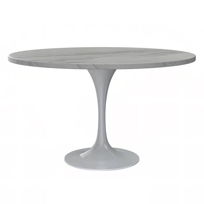 LeisureMod Verve Round Dining Table with White Resin TableTop and White Steel Base for Kitchen & Dining Room - 48" Diameter
