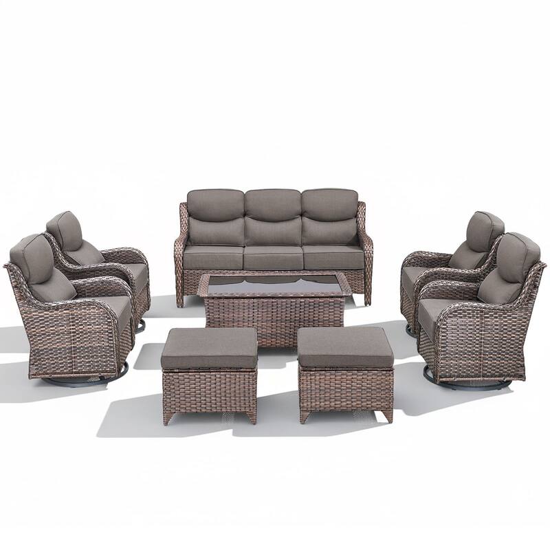 Arcadia 8-Piece Wicker Patio Conversation Set with Swivel Gliders and 6-Inch Thick Olefin Cushions