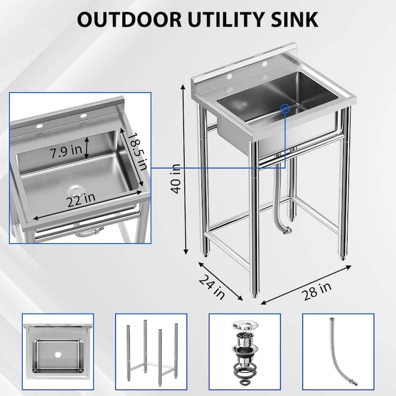 Free Standing Commercial Kitchen Sink, 28 Inch