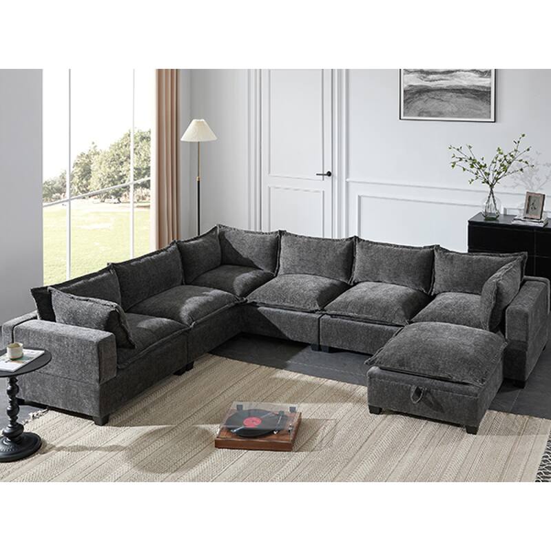 Roomfitters 117.5" Modular U-Shaped Sectional Sofa with Storage Ottoman, 7 Seat Wide Chenille Couch, Living Room Sofa